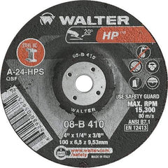 WALTER Surface Technologies - 24 Grit, 4" Wheel Diam, 1/4" Wheel Thickness, 3/8" Arbor Hole, Type 27 Depressed Center Wheel - Aluminum Oxide, Resinoid Bond, 15,000 Max RPM - Americas Industrial Supply