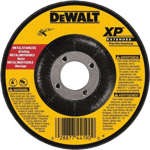 DeWALT - 24 Grit, 6" Wheel Diam, 1/4" Wheel Thickness, 7/8" Arbor Hole, Type 27 Depressed Center Wheel - Zirconia Alumina, Resinoid Bond, 10,100 Max RPM, Compatible with Angle Grinder - Americas Industrial Supply