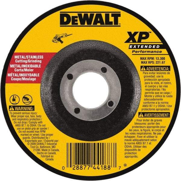 DeWALT - 24 Grit, 5" Wheel Diam, 1/8" Wheel Thickness, 7/8" Arbor Hole, Type 27 Depressed Center Wheel - Zirconia Alumina, Resinoid Bond, 12,200 Max RPM, Compatible with Angle Grinder - Americas Industrial Supply