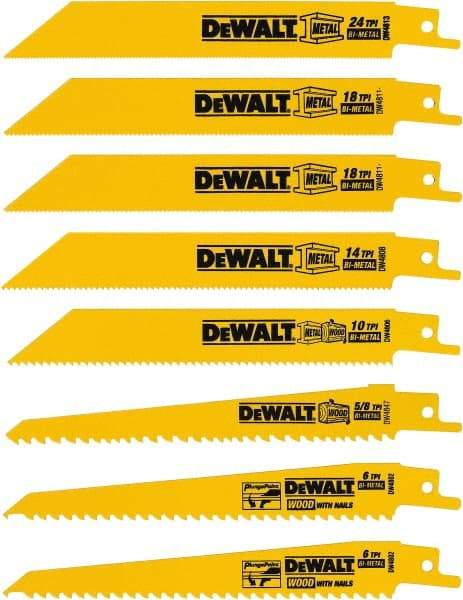 DeWALT - 8 Pieces, 4" to 6" Long x 0.04" Thickness, Bi-Metal Reciprocating Saw Blade Set - Straight Profile, 4 to 24 Teeth, Toothed Edge - Americas Industrial Supply