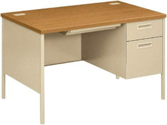 Hon - Laminate/Metal Right Pedestal Desk with Center Drawer - 48" Wide x 30" Deep x 29" High, Harvest/Putty - Americas Industrial Supply