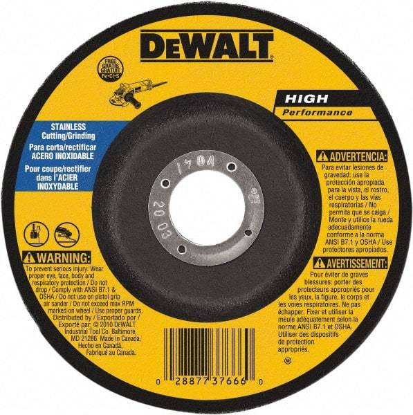 DeWALT - 30 Grit, 9" Wheel Diam, 1/8" Wheel Thickness, 7/8" Arbor Hole, Type 27 Depressed Center Wheel - Aluminum Oxide, 6,600 Max RPM, Compatible with Angle Grinder - Americas Industrial Supply
