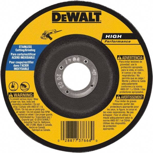 DeWALT - 30 Grit, 6" Wheel Diam, 1/8" Wheel Thickness, 7/8" Arbor Hole, Type 27 Depressed Center Wheel - Aluminum Oxide, 10,100 Max RPM, Compatible with Angle Grinder - Americas Industrial Supply
