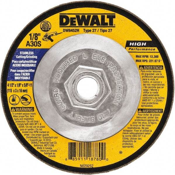 DeWALT - 30 Grit, 6" Wheel Diam, 1/8" Wheel Thickness, Type 27 Depressed Center Wheel - Aluminum Oxide, 10,100 Max RPM, Compatible with Angle Grinder - Americas Industrial Supply