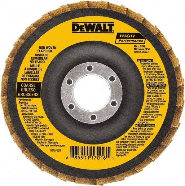 DeWALT - 100 Grit, 4-1/2" Disc Diam, 5/8-11 Center Hole, Type 27 Aluminum Oxide Flap Disc - 13,300 Max RPM, Fiberglass Backing, Arbor Attaching System, Non-Woven - Americas Industrial Supply