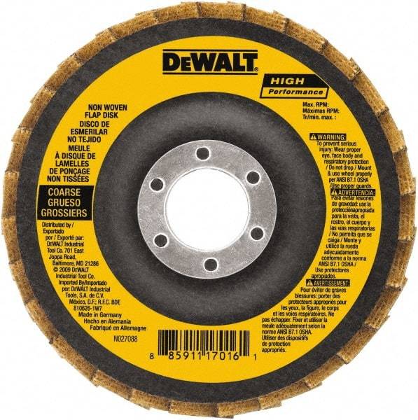 DeWALT - 4-1/2" Disc Diam, 7/8" Center Hole, Type 27 Aluminum Oxide Flap Disc - 13,300 Max RPM, Fiberglass Backing, Arbor Attaching System, Non-Woven - Americas Industrial Supply
