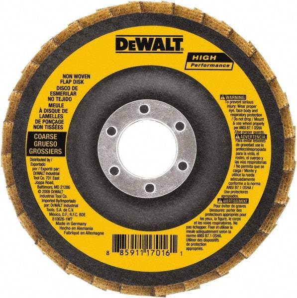 DeWALT - 100 Grit, 4-1/2" Disc Diam, 7/8" Center Hole, Type 27 Aluminum Oxide Flap Disc - 13,300 Max RPM, Fiberglass Backing, Arbor Attaching System, Non-Woven - Americas Industrial Supply