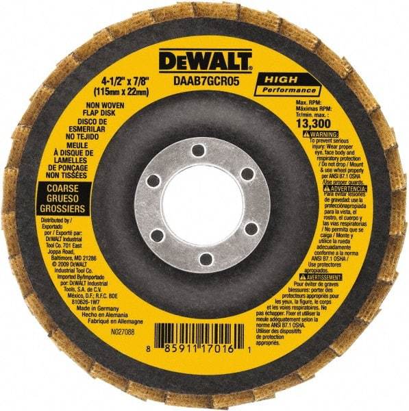 DeWALT - 40 Grit, 4-1/2" Disc Diam, 7/8" Center Hole, Type 27 Aluminum Oxide Flap Disc - 13,300 Max RPM, Fiberglass Backing, Arbor Attaching System, Non-Woven - Americas Industrial Supply
