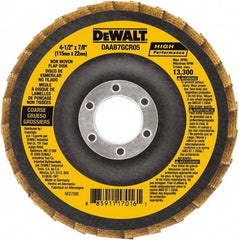 DeWALT - 40 Grit, 4-1/2" Disc Diam, 7/8" Center Hole, Type 27 Aluminum Oxide Flap Disc - 13,300 Max RPM, Fiberglass Backing, Arbor Attaching System, Non-Woven - Americas Industrial Supply