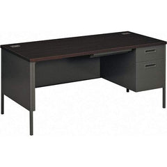 Hon - Plastic Laminated Top Single Pedestal with Right Hand Return Desk with Center Drawer - 66" Wide x 30" Deep x 29-1/2" High, Mahogany/Charcoal - Americas Industrial Supply