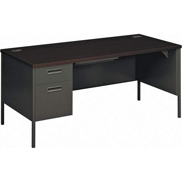 Hon - Plastic Laminated Top Single Pedestal Desk with Center Drawer - 66" Wide x 30" Deep x 29-1/2" High, Mahogany/Charcoal - Americas Industrial Supply