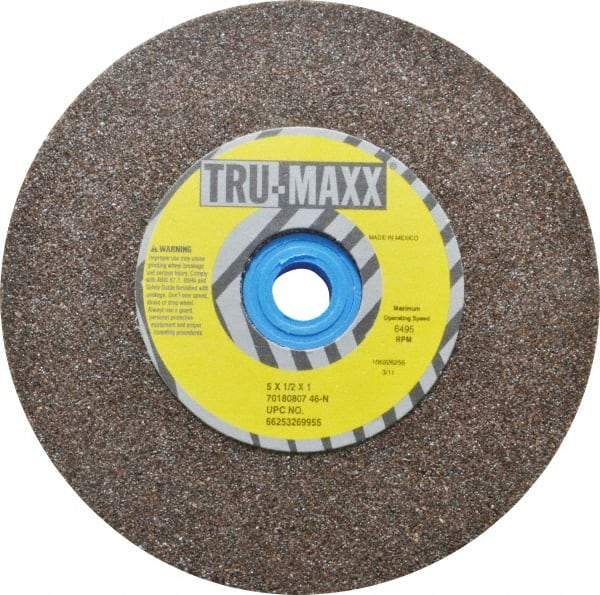 Tru-Maxx - 60 Grit Aluminum Oxide Bench & Pedestal Grinding Wheel - 5" Diam x 1" Hole x 1/2" Thick, 6495 Max RPM, O Hardness, Medium Grade , Vitrified Bond - Americas Industrial Supply