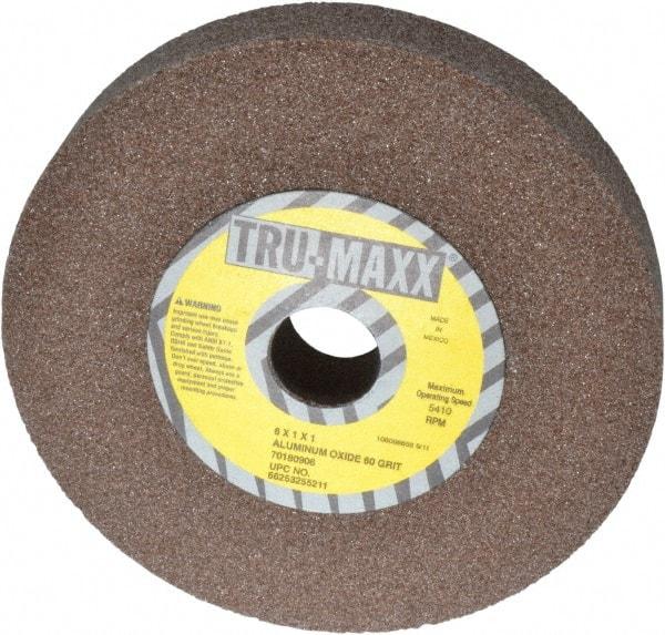 Tru-Maxx - 60 Grit Aluminum Oxide Bench & Pedestal Grinding Wheel - 6" Diam x 1" Hole x 1" Thick, 5410 Max RPM, O Hardness, Medium Grade , Vitrified Bond - Americas Industrial Supply