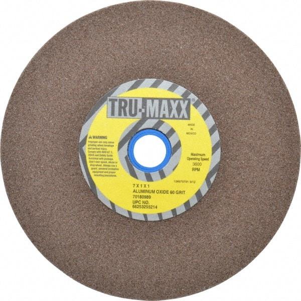 Tru-Maxx - 60 Grit Aluminum Oxide Bench & Pedestal Grinding Wheel - 7" Diam x 1" Hole x 1" Thick, 3600 Max RPM, O Hardness, Medium Grade , Vitrified Bond - Americas Industrial Supply