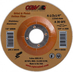 Camel Grinding Wheels - 36 Grit, 4-1/2" Wheel Diam, 1/4" Wheel Thickness, Type 27 Depressed Center Wheel - Medium Grade, Aluminum Oxide, 13,300 Max RPM - Americas Industrial Supply