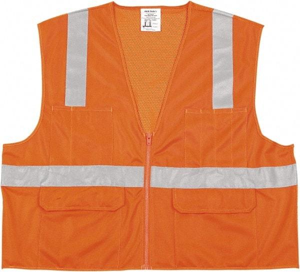 MCR Safety - Size XL High Visibility Orange Mesh/Solid General Purpose Vest - 25.4" Chest, ANSI 107-2015, Nonconductive Zipper Closure, 6 Pockets, Polyester - Americas Industrial Supply
