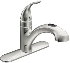 Moen - 3 Hole Mount, Low Arc Commercial Faucet - One Handle, Pull Lever Handle, Pullout Spout, No Drain - Americas Industrial Supply