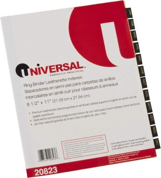 UNIVERSAL - 8-1/2 x 11" Jan to Dec Label, 12 Tabs, Single Side Gold Mylar Reinforced Binding Edge, Simulated Leather Prepinted Tab Dividers, Gold Print - Black/Gold Tabs, Buff Folder - Americas Industrial Supply