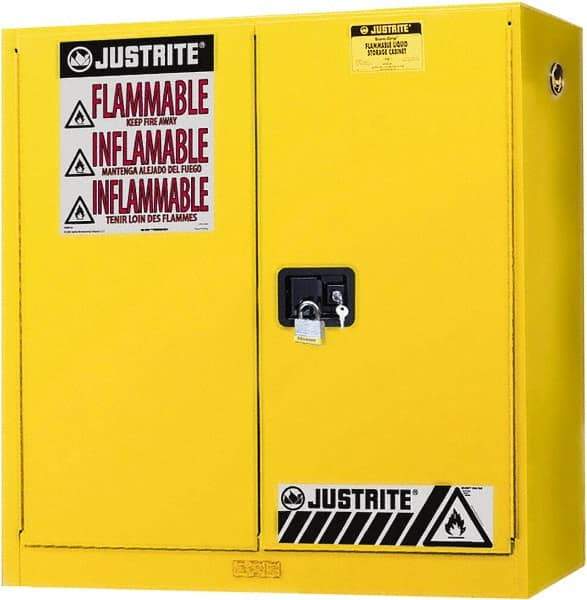 Justrite - 2 Door, 3 Shelf, Yellow Steel Wall Mount Safety Cabinet for Flammable and Combustible Liquids - 44" High x 43" Wide x 12" Deep, Manual Closing Door, 20 Gal Capacity - Americas Industrial Supply