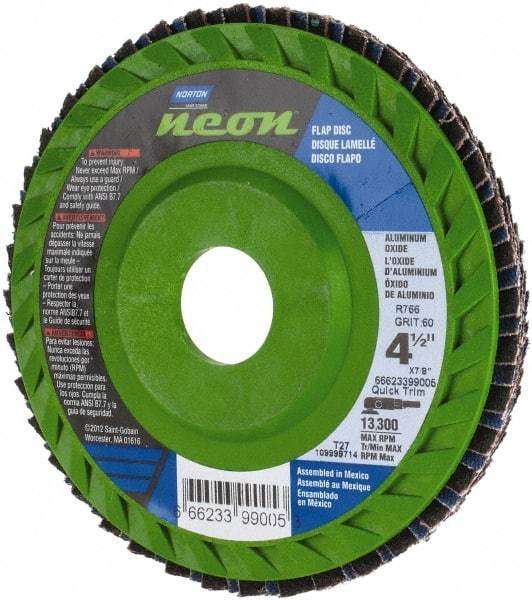 Norton - 60 Grit, 4-1/2" Disc Diam, 7/8" Center Hole, Type 27 Ceramic Alumina Flap Disc - 13,300 Max RPM, Polyester Backing, Arbor Attaching System, Coated - Americas Industrial Supply