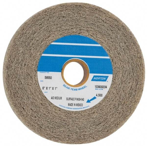 Norton - 6" Diam, 1" Face Width, 1" Center Hole, Medium Grade, Aluminum Oxide Deburring Wheel - Convolute, Medium Density 4 Grade, 4,500 RPM - Americas Industrial Supply