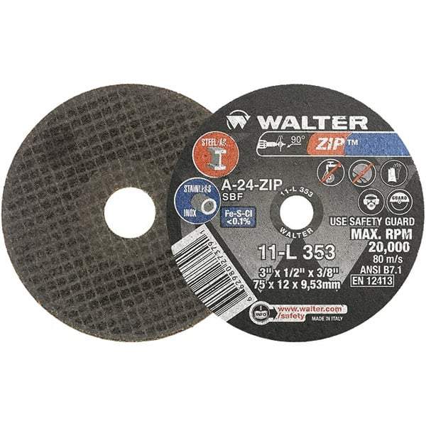 WALTER Surface Technologies - 3" 24 Grit Aluminum Oxide Cutoff Wheel - 1/2" Thick, 3/8" Arbor, 25,470 Max RPM, Use with Die Grinders - Americas Industrial Supply