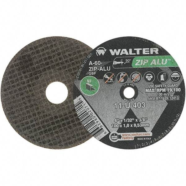 WALTER Surface Technologies - 4" 60 Grit Aluminum Oxide Cutoff Wheel - 1/32" Thick, 3/8" Arbor, 19,100 Max RPM, Use with Angle Grinders - Americas Industrial Supply