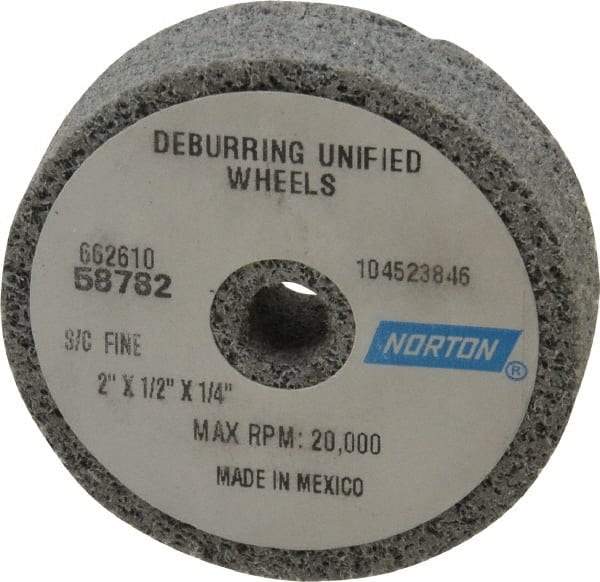 Norton - 2" Diam, 1/2" Face Width, 1/4" Center Hole, Very Fine Grade, Silicon Carbide Deburring Wheel - Unitized, Medium Grade, 20,000 RPM - Americas Industrial Supply