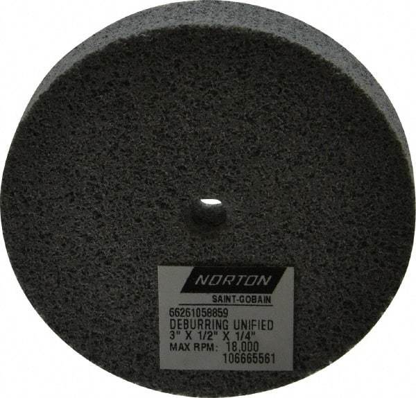 Norton - 3" Diam, 1/2" Face Width, 1/4" Center Hole, Very Fine Grade, Silicon Carbide Deburring Wheel - Unitized, Medium Grade, 18,000 RPM - Americas Industrial Supply