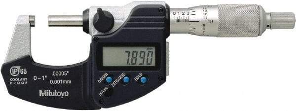 Mitutoyo - 0.0001 Inch Resolution, Standard Throat, Electronic Outside Micrometer - Includes Stand - Americas Industrial Supply