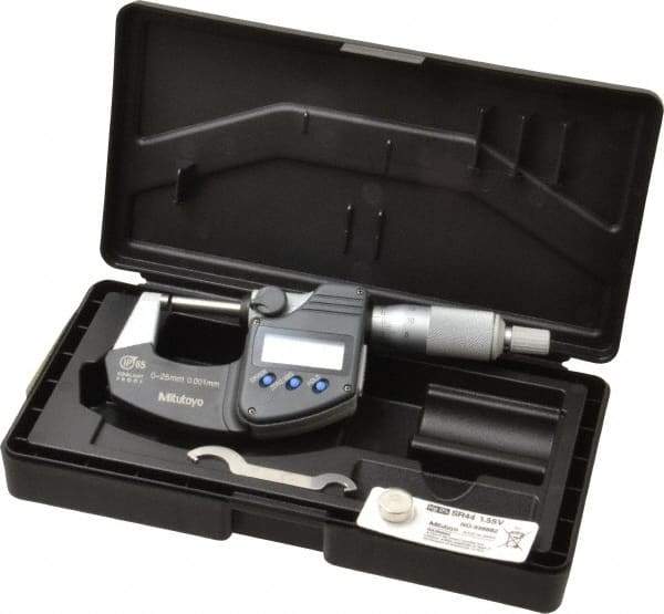 Mitutoyo - 0 to 25 mm Range, 0.001 mm Resolution, Standard Throat, IP65 Electronic Outside Micrometer - 0.001 Inch Accuracy, Ratchet Stop Thimble, Carbide Face, SR44 Battery, Data Output, Plastic Case, Includes NIST Traceable Certification of Inspection - Americas Industrial Supply