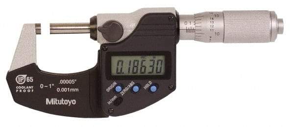 Mitutoyo - 0.0001 Inch Resolution, Standard Throat, Electronic Outside Micrometer - Includes Stand - Americas Industrial Supply