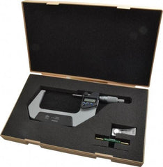 Mitutoyo - 3 to 4 Inch Range, 0.0001 Inch Resolution, Standard Throat, IP65 Electronic Outside Micrometer - 0.0001 Inch Accuracy, Ratchet Stop Thimble, Carbide Face, SR44 Battery, Data Output, Plastic Case - Americas Industrial Supply