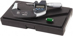 Mitutoyo - 1 to 2 Inch Range, 0.0001 Inch Resolution, Standard Throat, IP65 Electronic Outside Micrometer - 0.0001 Inch Accuracy, Friction Thimble, Carbide Face, SR44 Battery, Data Output, Plastic Case, Includes NIST Traceable Certification of Inspection - Americas Industrial Supply