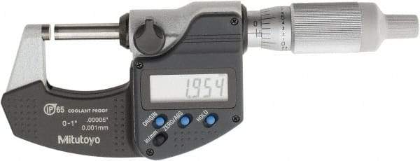 Mitutoyo - 0 to 1 Inch Range, 0.0001 Inch Resolution, Standard Throat, IP65 Electronic Outside Micrometer - 0.0001 Inch Accuracy, Ratchet Friction Thimble, Carbide Face, SR44 Battery, Plastic Case, Includes NIST Traceable Certification of Inspection - Americas Industrial Supply