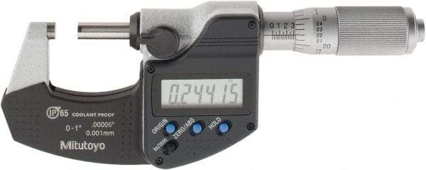 Mitutoyo - 0 to 1 Inch Range, 0.0001 Inch Resolution, Standard Throat, IP65, Electronic Outside Micrometer - 0.0001 Inch Accuracy, Friction Thimble, Carbide Face, SR44 Battery, Plastic Case, Includes NIST Traceable Certification of Inspection - Americas Industrial Supply