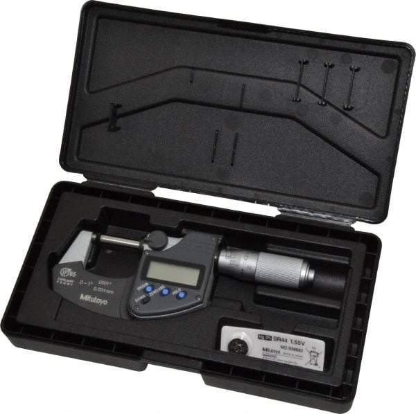 Mitutoyo - 0 to 1 Inch Range, 0.0001 Inch Resolution, Standard Throat, IP65 Electronic Outside Micrometer - 0.0001 Inch Accuracy, Ratchet Friction Thimble, Carbide Face, SR44 Battery, Plastic Case - Americas Industrial Supply