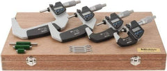 Mitutoyo - 0 to 4" Range, 0.001mm Resolution, IP65, 4 Piece Electronic Outside Micrometer Sets - 0.001, 0.002mm Accuracy, Ratchet Stop Thimble, Carbide Measuring Face - Americas Industrial Supply