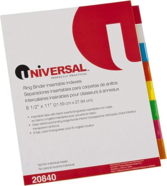 UNIVERSAL - 8-1/2 x 11" 8 Tabs, Single Sided Clear Mylar Reinforced Binding Edge, Insertable Tab Economy Indexes - Multicolor Tabs, Buff Folder - Americas Industrial Supply