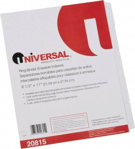 UNIVERSAL - 8-1/2 x 11" 5 Tabs, Clear Reinforced Binder Holes, Write on Erasable Tab Indexes - White - Americas Industrial Supply