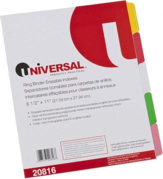 UNIVERSAL - 8-1/2 x 11" 5 Tabs, Clear Reinforced Binder Holes, Write on Erasable Tab Indexes - Multicolor Tabs, White Folder - Americas Industrial Supply