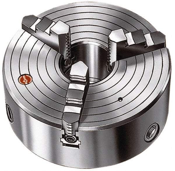 Rohm - 3 Jaws, 8" Diam, Self Centering Manual Lathe Chuck - Plain Back Mount Spindle, 2.16" Through Hole Diam, Forged Steel - Americas Industrial Supply