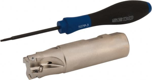 Seco - 1" Cut Diam, 0.354" Max Depth of Cut, 1" Shank Diam, 3.78" OAL, Indexable Square Shoulder End Mill - XO.X 10T3.. Inserts, Weldon Shank, 90° Lead Angle, Through Coolant, Series Turbo 10 - Americas Industrial Supply