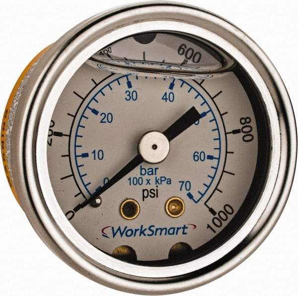 Value Collection - 1-1/2" Dial, 1/8 Thread, 0-1,000 Scale Range, Pressure Gauge - Center Back Connection Mount, Accurate to 3-2-3% of Scale - Americas Industrial Supply