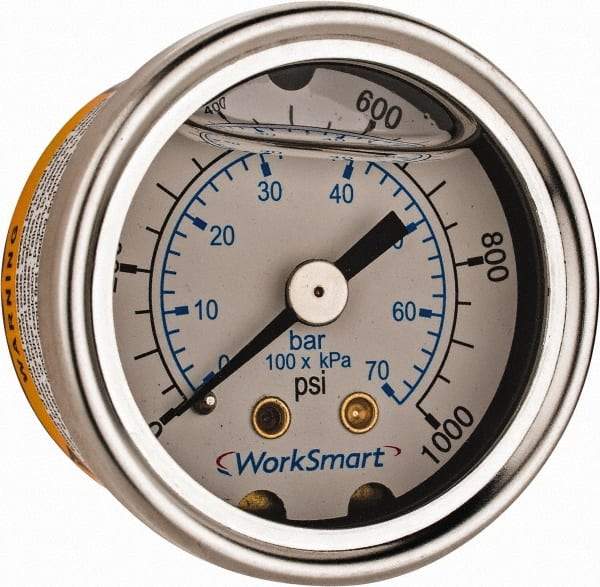 Value Collection - 1-1/2" Dial, 1/8 Thread, 0-1,000 Scale Range, Pressure Gauge - Center Back Connection Mount, Accurate to 3-2-3% of Scale - Americas Industrial Supply
