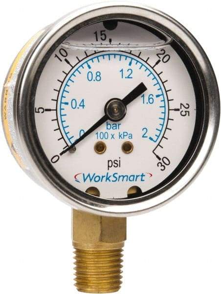 Value Collection - 2" Dial, 1/4 Thread, 0-30 Scale Range, Pressure Gauge - Lower Connection Mount, Accurate to 3-2-3% of Scale - Americas Industrial Supply