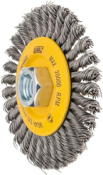 DeWALT - 4" OD, 5/8-11 Arbor Hole, Stringer Bead Steel Wheel Brush - 3/8" Face Width, 7/8" Trim Length, 0.02" Filament Diam, 20,000 RPM - Americas Industrial Supply