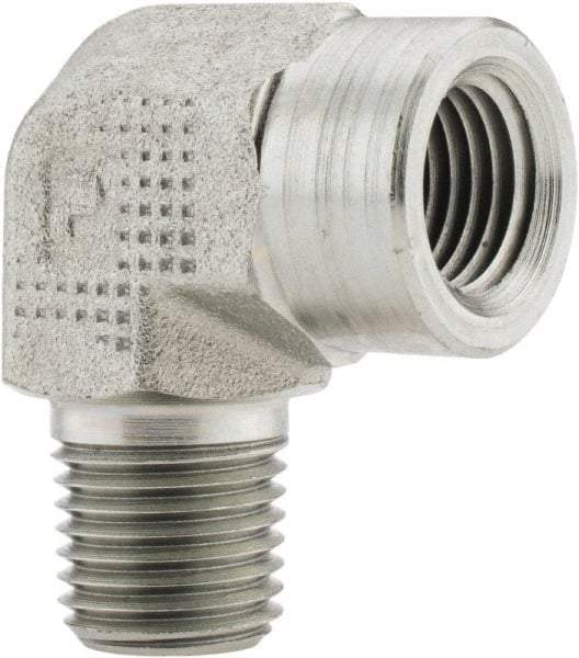 Parker - 1/4 Male Thread x 1/4 Female Thread, Zinc Plated Steel Industrial Pipe 90° Street Elbow - MNPTF x FNPTF, 5,000 psi - Americas Industrial Supply