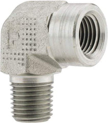 Parker - 1/4 Male Thread x 1/4 Female Thread, Zinc Plated Steel Industrial Pipe 90° Street Elbow - MNPTF x FNPTF, 5,000 psi - Americas Industrial Supply