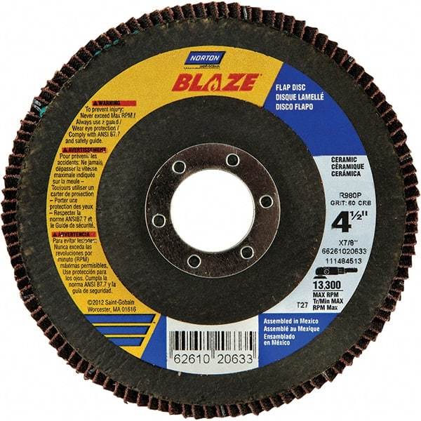 Norton - 36 Grit, 4-1/2" Disc Diam, 7/8" Center Hole, Type 27 Ceramic Alumina Flap Disc - 13,000 Max RPM, Cloth Backing, Arbor Attaching System, Coated - Americas Industrial Supply